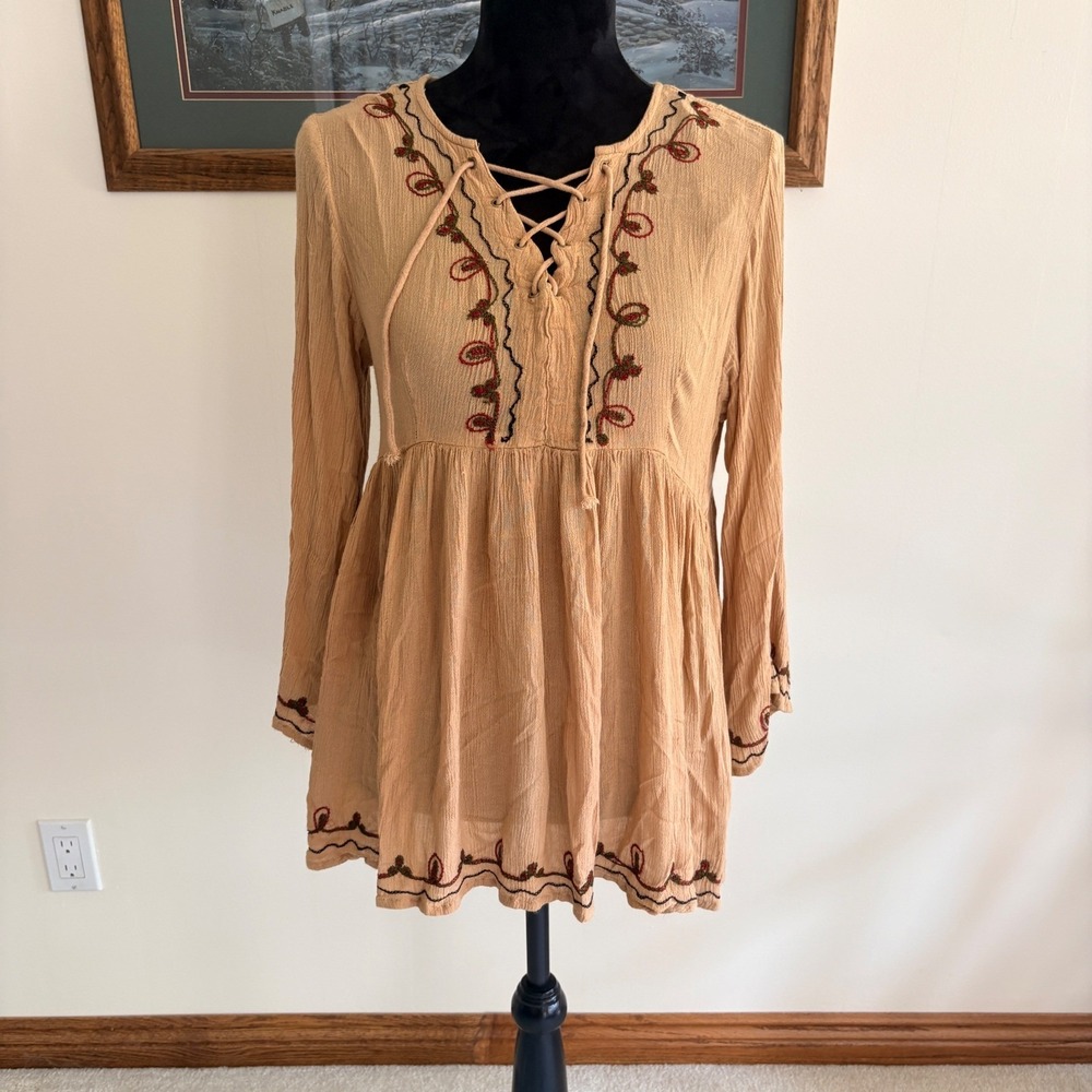 7 Islands Boho Tunic Top Womens Small Tan Embroidered Lace Up‎ Babydoll Blouse